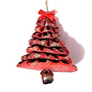 5 Handmade Red Holiday Fabric “Yo-yo Scrunchie” Christmas Tree Bell Ornaments